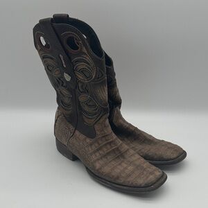 Men's Genuine Crocodile and Brown Leather Square Toe Western Boots